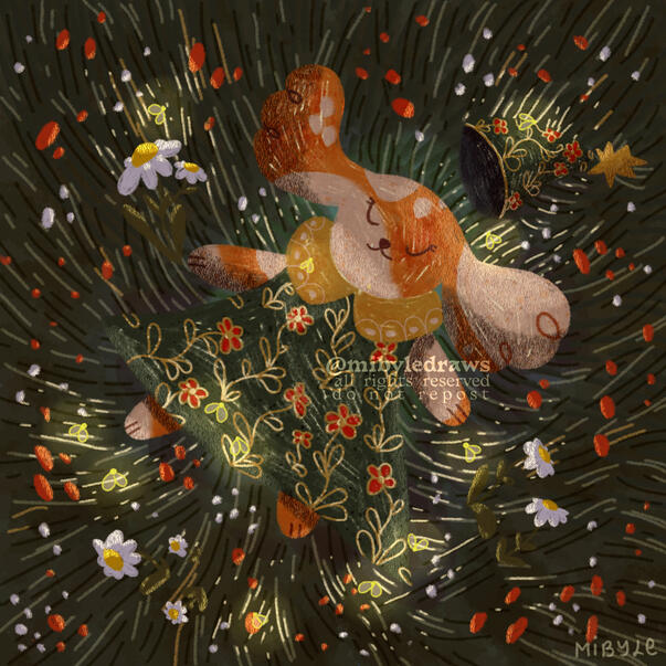 digital illustration of an orange and beige bunny wearing a dark green floral dress, lying down in a wild flower field at night. Some fireflies above the bunny lighten the scene.