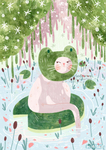 digital illustration of a pink and purple cat wearing a frog hoody, sat on a lily pad in a swamp, pretending to be a frog.