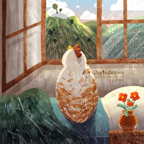 digital illustration of a beige and brown chicken looking from a window to a hill landscape. The chicken is sat on its bed, and the window is open.