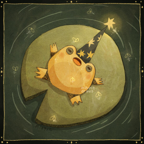 digital illustration of a mage toad wearing a long pointy hat with a glowing star at the top. They're lying on a lilypad and looking super exhausted. Some fireflies are flying over them.