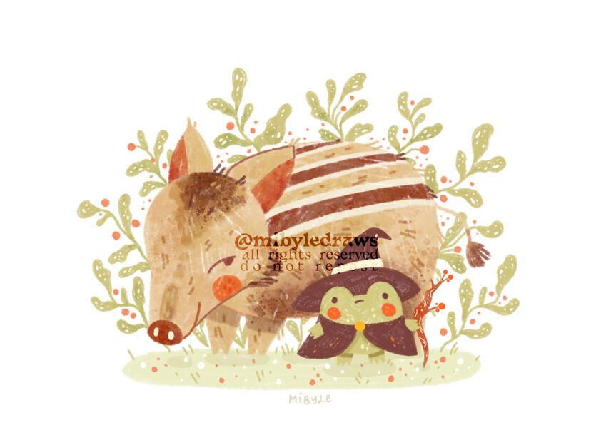 digital illustration of a frog wizard and its boarlet familiar.