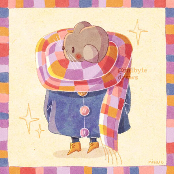 Digital illustration of a little anthropomorphic brown mouse wearing a big plaid scarf with dark yellow/orangy, pink, red, and purple squares, as well as a bluebell coat and dark yellow shoes. The coat has three big round buttons: one yellow/orange, one pi