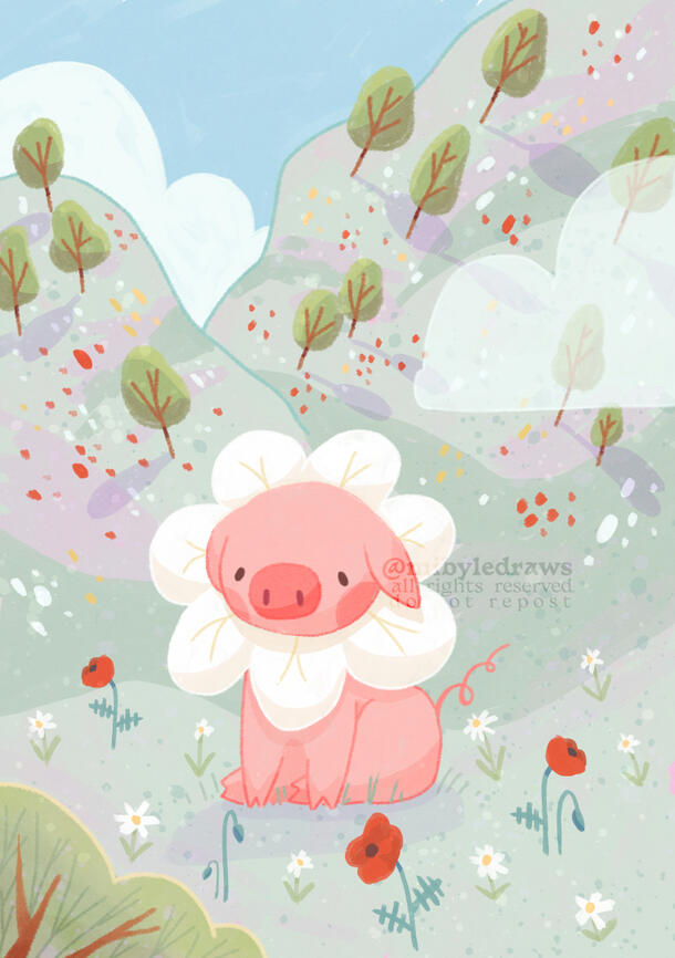 digital illustration of a pink piglet wearing a daisy fraise. The piglet is chilling in a valley. There are clouds in the sky, and flowers and trees on the hills in the background. The valley is filled with poppies and daisies.