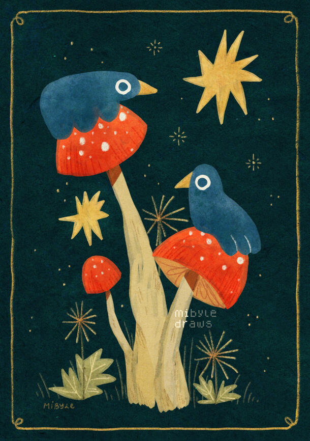 digital illustration of two blue birds on orangy red mushrooms at night