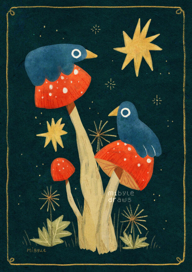 Untitled digital illustration of two blue birds on orangy red mushrooms at night