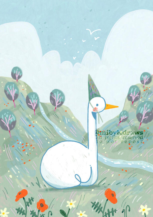 digital illustration of a goose wearing a blue green party hat chilling in a valley in spring. The sky is blue with light blue clouds. There is a river in the background, as well as trees and flowers.