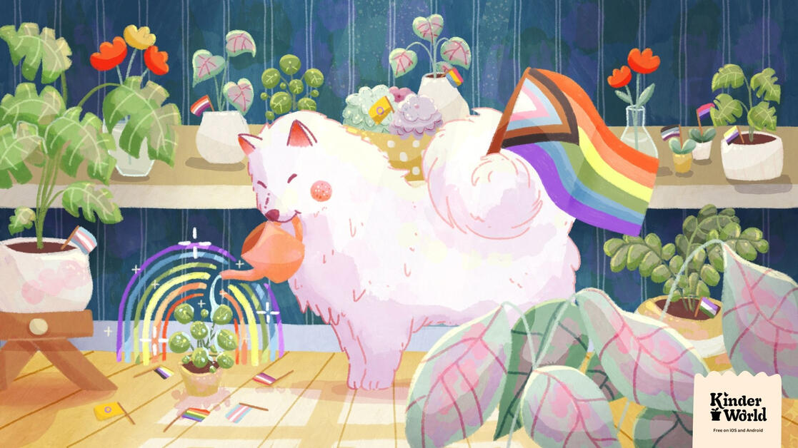 Digital illustration. Samy, a white dog and Kinder World game's mascot, is watering a pilea in a cosy room filled with houseplants and tiny LGBTQIA+ pride flags. Samy is also holding an LGBTQIA+ pride flag with his tail.