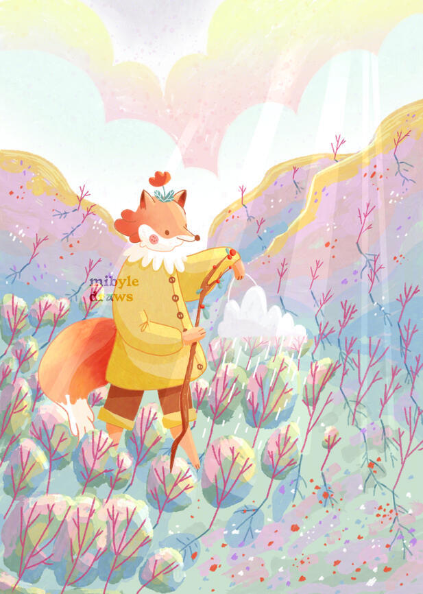 digital artwork of a fox deity watering trees with a magical cloud, making the trees bloom in the valley on their path