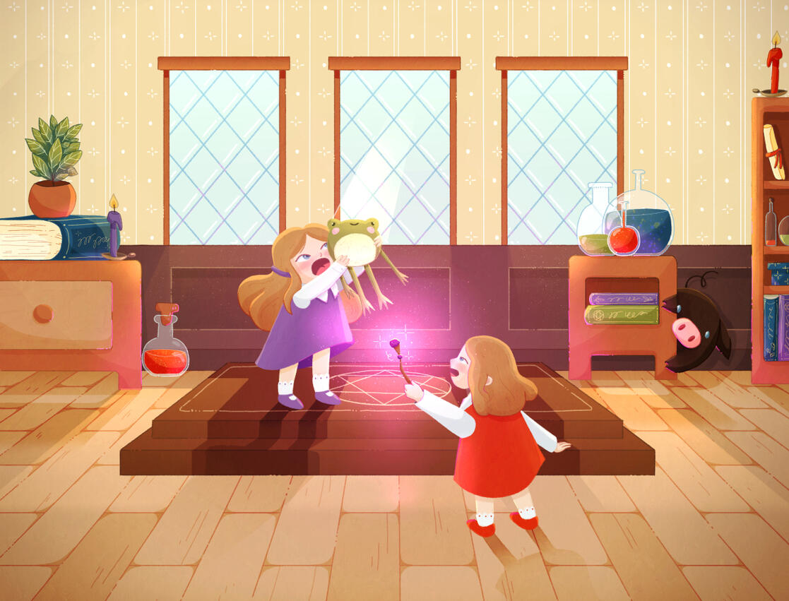 Digital illustration. The two little witches of the game are performing witchcraft on their frog plushie in their cozy home.