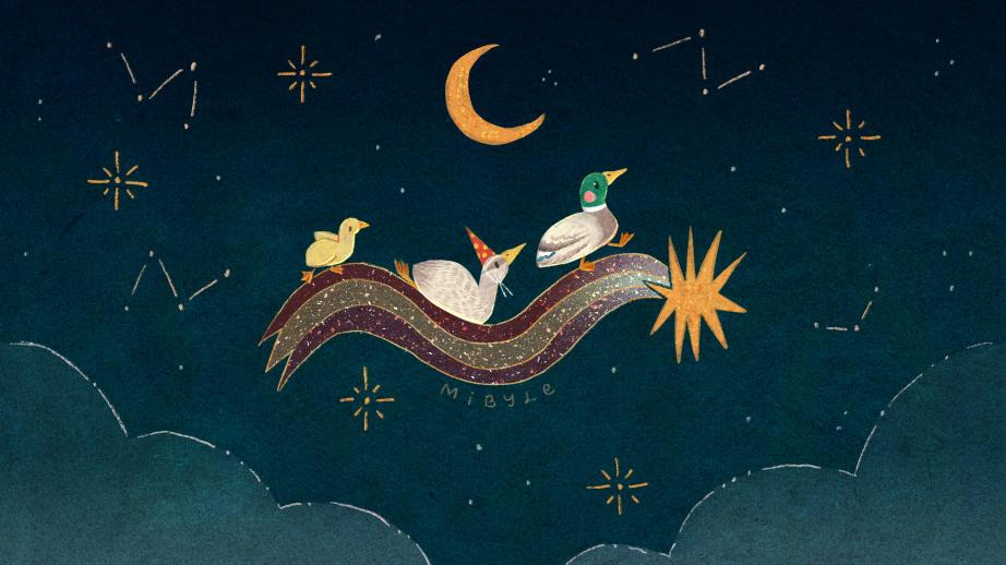 Digital illustration of three ducks running and sliding on the tail of a whimsical shooting star, at night. There are a crescent moon and stars in the background, and two clouds in the foreground.